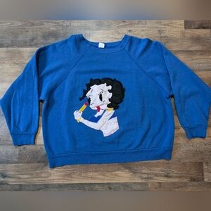 Vintage 80's Women's Betty Boop Blue Quilted Patchwork Crew Neck Sweater Size XL